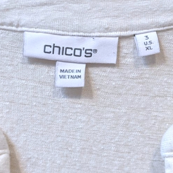 Chico's Beaded Embellished Notched Crew Neck 3/4 Sleeve White Linen Top (XL) - Picture 5 of 8